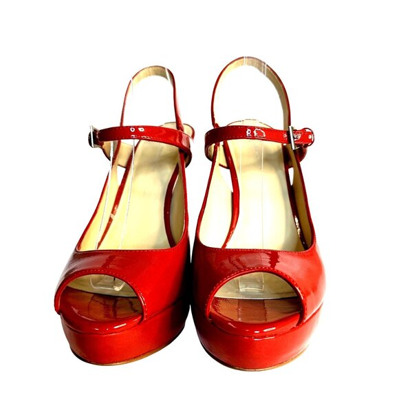 Red Patent Leather Women's Platform Heels With Peep Toe & Buckle Strap Shoes 9 - Picture 4 of 7